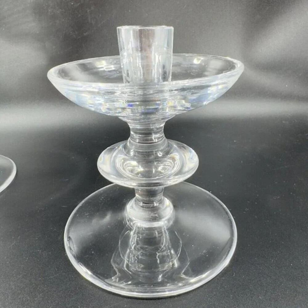 1950s‎ Val Saint Lambert Clear Glass Candlestick Holder Votive Set 2 Signed VTG